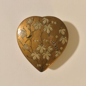 Vintage Heart Shaped Box with Birds and Leaves, Golden Brown Wooden Hand-painted